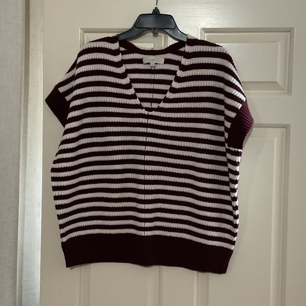 LOFT Burgundy and White Striped V-Neck Sweater